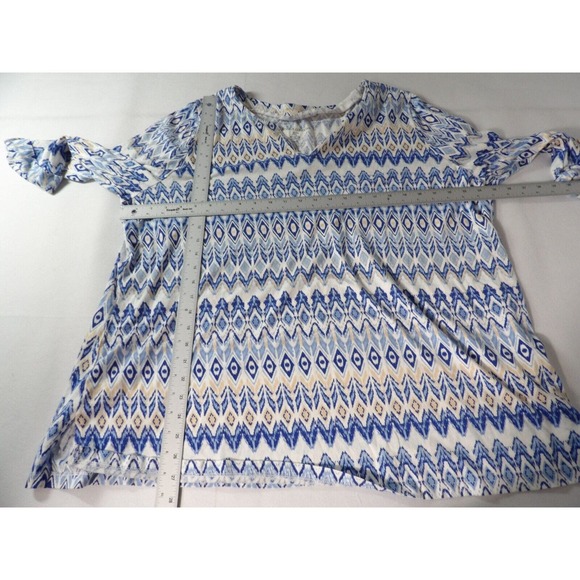 Jessica London 22/24 1X Tunic Boho Geometric Blue 3/4 Sleeve V Neck Peasant - Picture 7 of 11
